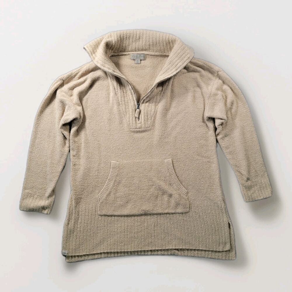 Barefoot Dreams CozyChic Lite M Half Zip Pullover Sweater Kangaroo Pocket Tan